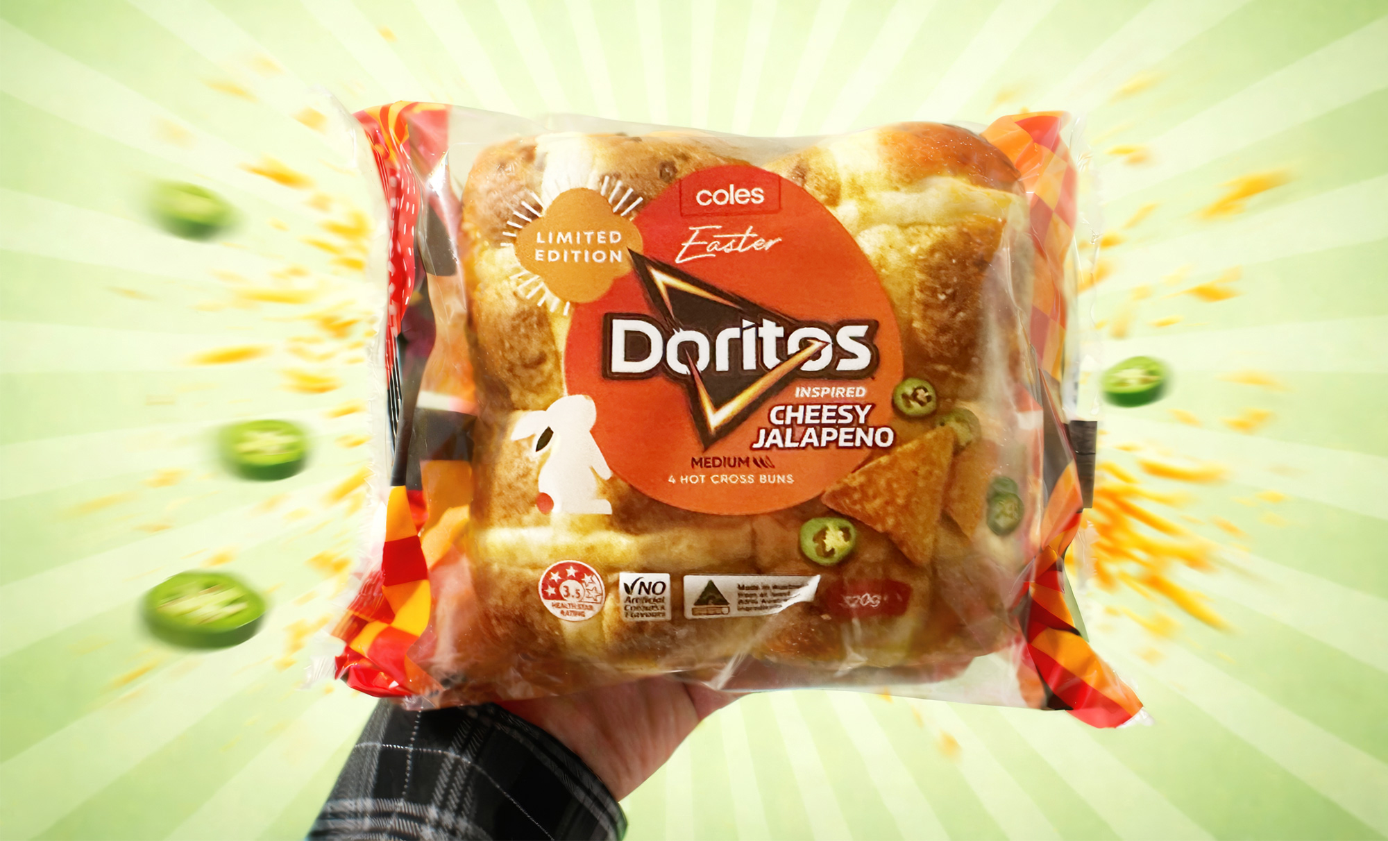 Read more about the article Review: Coles Easter Doritos Inspired Cheesy Jalapeno Hot Cross Buns